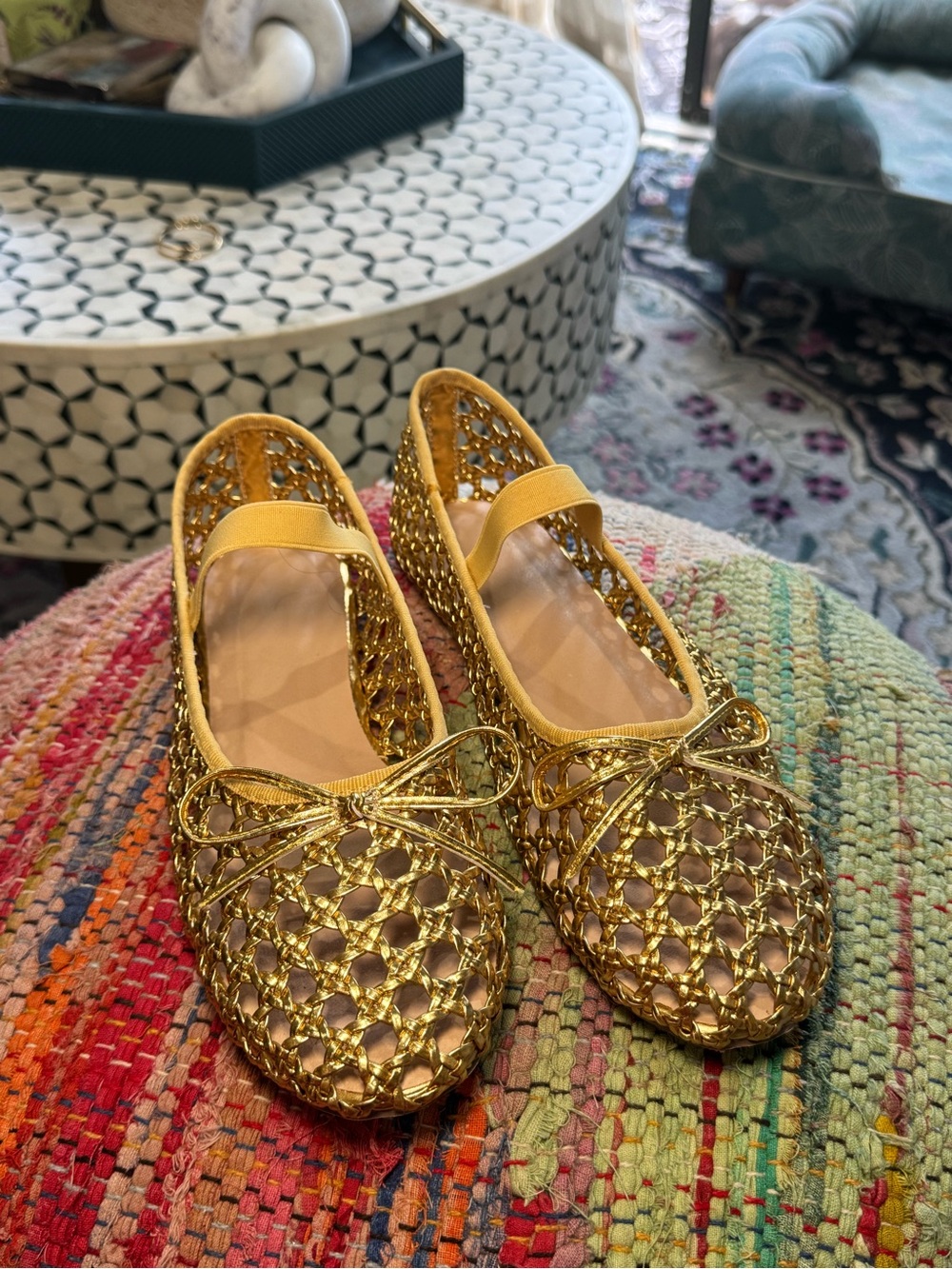 🔱⚜️ Gold Woven Ballet Flats - Women's Slip-On Loafers ⚜️🔱 - Picture 2 of 5
